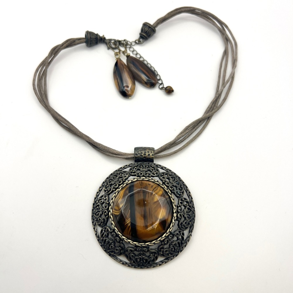 Vintage Style Tiger Eye Pendant Necklace Earrings Set Filigree Bronze Tone